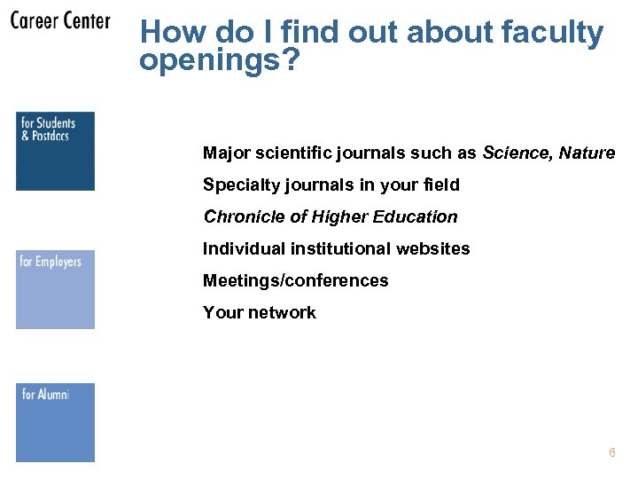 How do I find out about faculty openings? Major scientific journals such as Science,