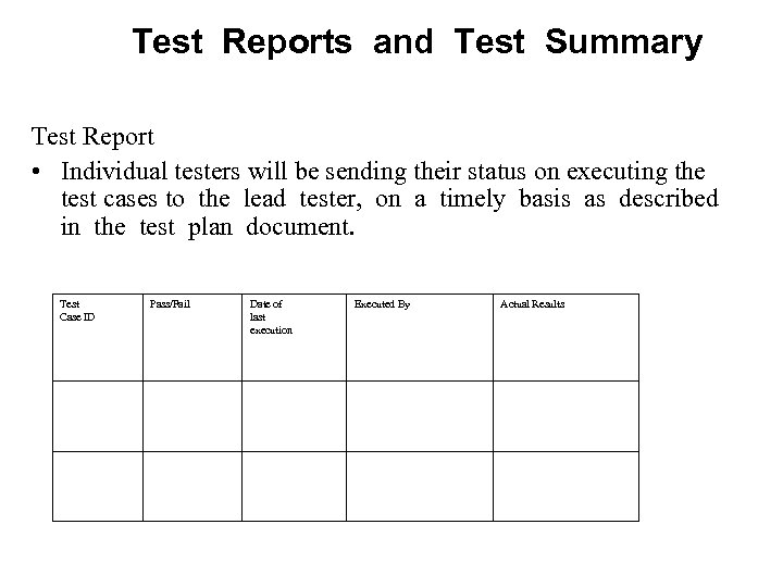 Test Reports and Test Summary Test Report • Individual testers will be sending their