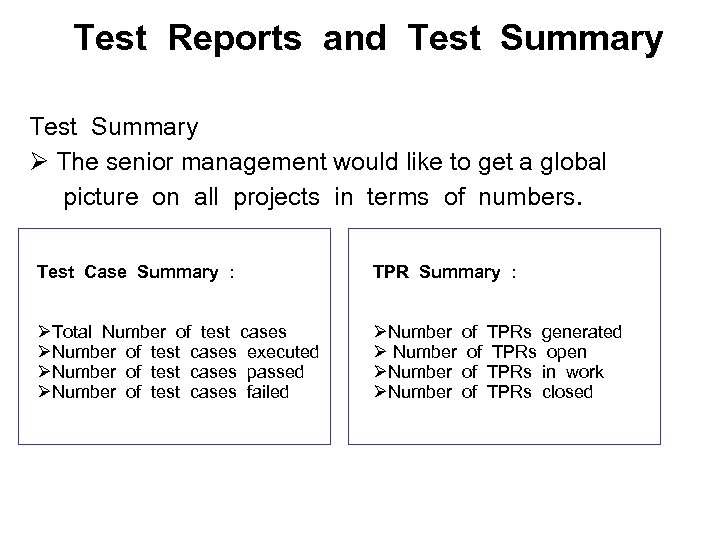 Test Reports and Test Summary Ø The senior management would like to get a