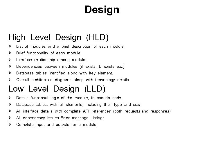 Design High Level Design (HLD) Ø List of modules and a brief description of