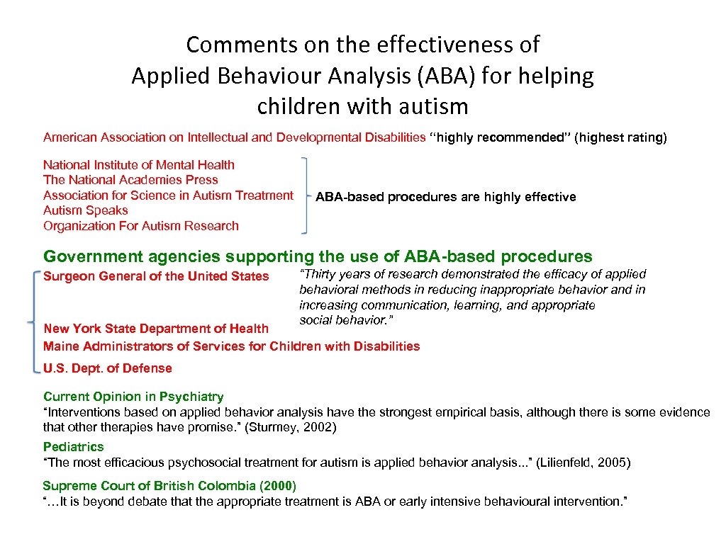 Comments on the effectiveness of Applied Behaviour Analysis (ABA) for helping children with autism