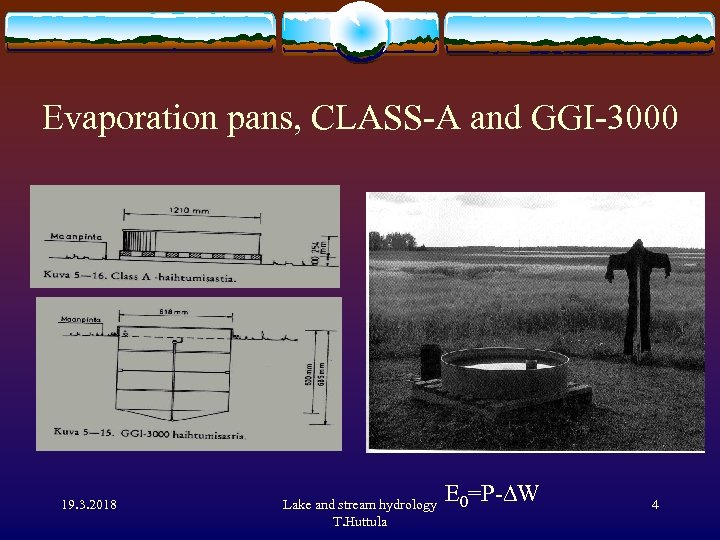 Evaporation pans, CLASS-A and GGI-3000 19. 3. 2018 Lake and stream hydrology T. Huttula