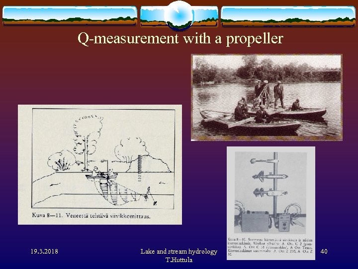 Q-measurement with a propeller 19. 3. 2018 Lake and stream hydrology T. Huttula 40