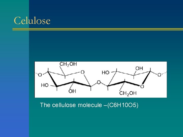 Celulose The cellulose molecule –(C 6 H 10 O 5) 