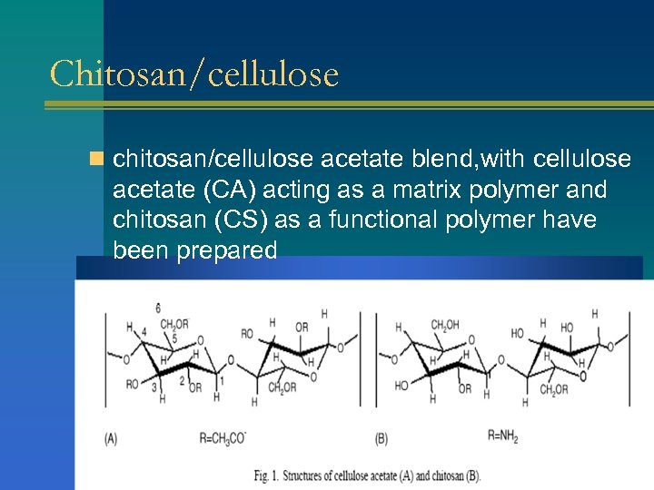 Chitosan/cellulose n chitosan/cellulose acetate blend, with cellulose acetate (CA) acting as a matrix polymer