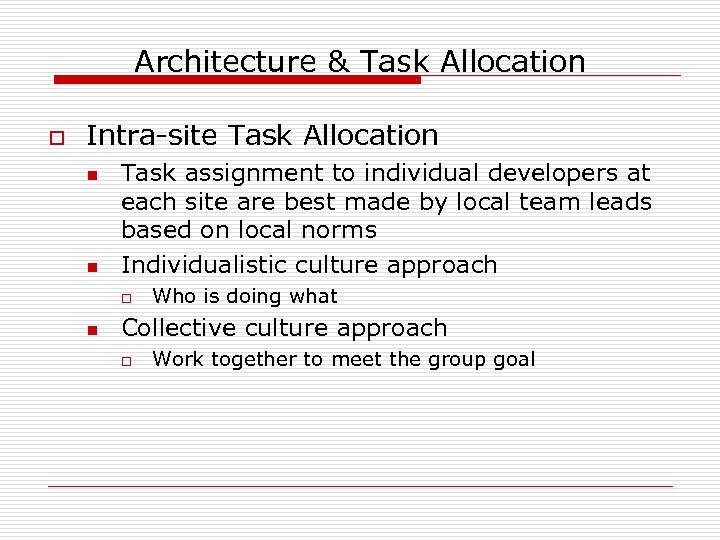 Architecture & Task Allocation o Intra-site Task Allocation n n Task assignment to individual