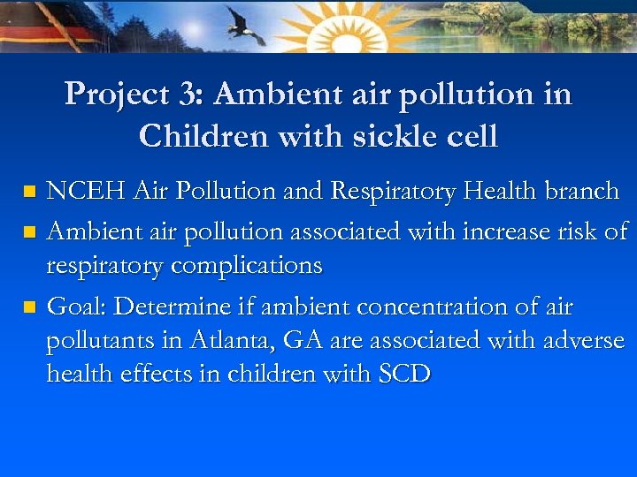 Project 3: Ambient air pollution in Children with sickle cell NCEH Air Pollution and