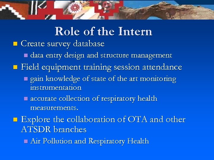 Role of the Intern n Create survey database n n data entry design and