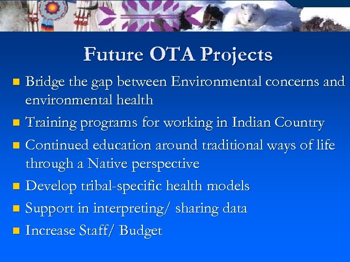 Future OTA Projects Bridge the gap between Environmental concerns and environmental health n Training