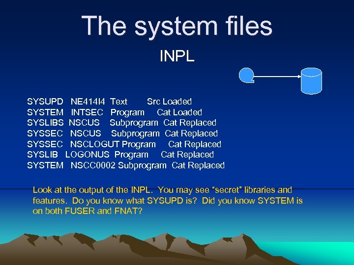 The system files INPL SYSUPD NE 414 I 4 Text Src Loaded SYSTEM INTSEC