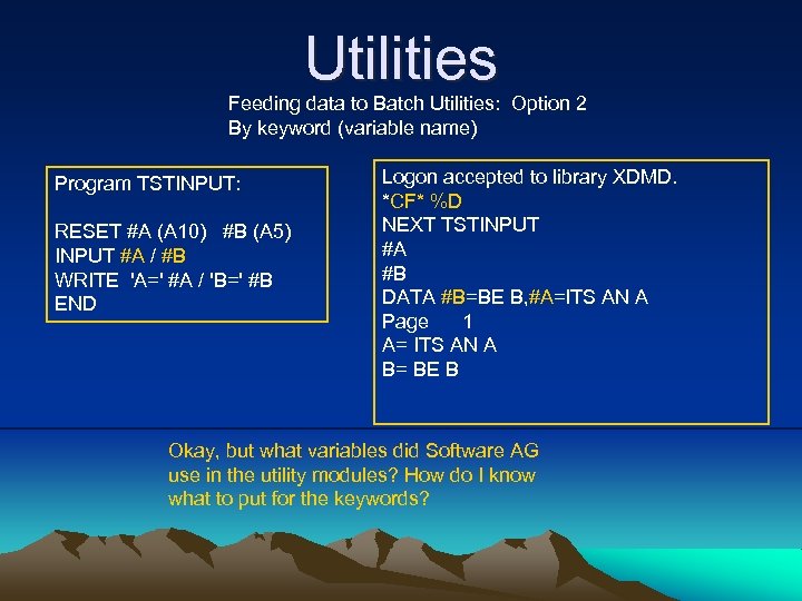 Utilities Feeding data to Batch Utilities: Option 2 By keyword (variable name) Program TSTINPUT:
