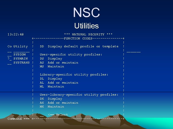 NSC Utilities 13: 22: 48 *** NATURAL SECURITY *** +--------FUNCTION CODES--------+ ! ! Co