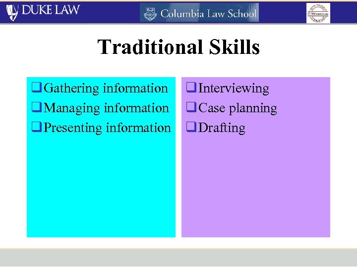 Traditional Skills q Gathering information q Interviewing q Managing information q Case planning q