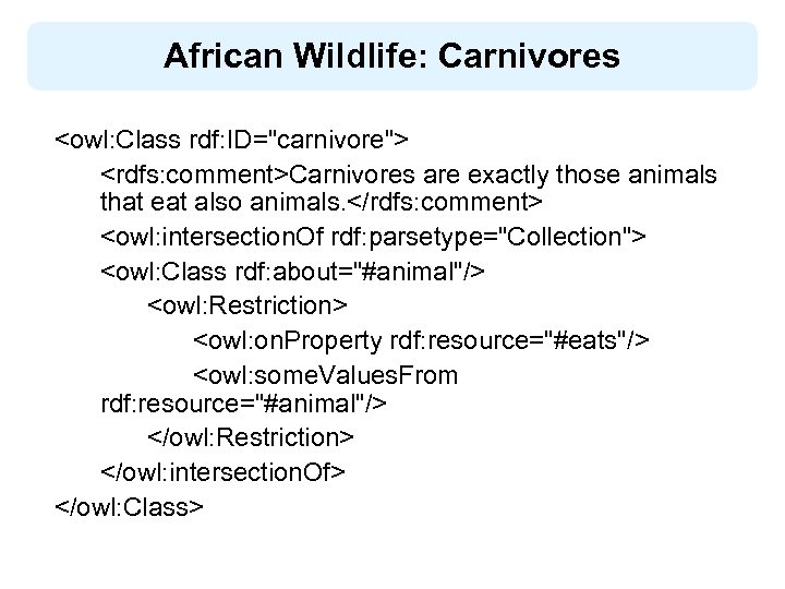 African Wildlife: Carnivores <owl: Class rdf: ID="carnivore"> <rdfs: comment>Carnivores are exactly those animals that