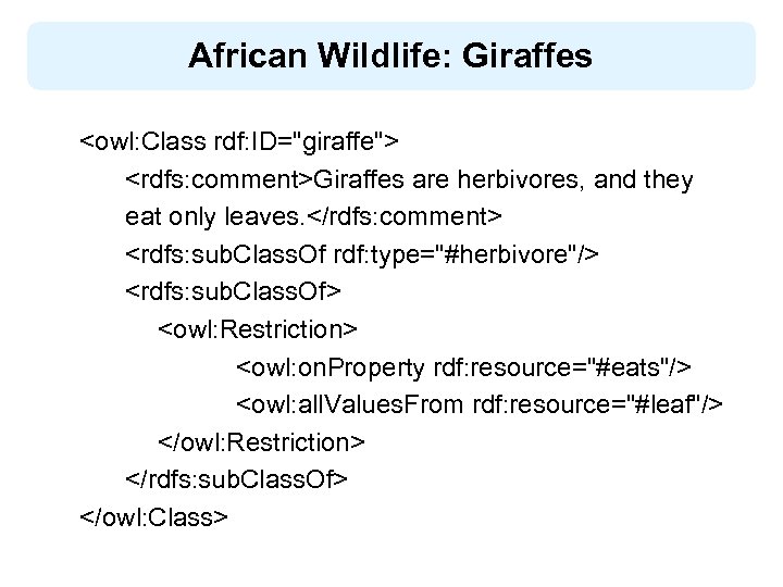 African Wildlife: Giraffes <owl: Class rdf: ID="giraffe"> <rdfs: comment>Giraffes are herbivores, and they eat