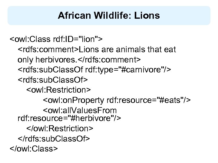 African Wildlife: Lions <owl: Class rdf: ID="lion"> <rdfs: comment>Lions are animals that eat only