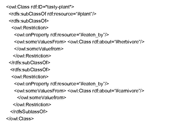 <owl: Class rdf: ID="tasty-plant"> <rdfs: sub. Class. Of rdf: resource=“#plant”/> <rdfs: sub. Class. Of>