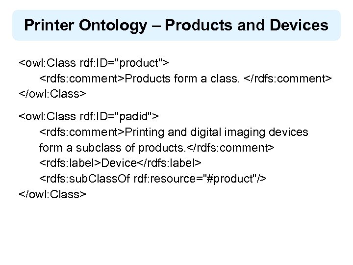Printer Ontology – Products and Devices <owl: Class rdf: ID="product"> <rdfs: comment>Products form a