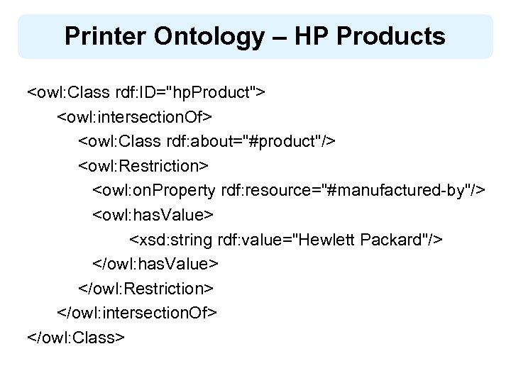 Printer Ontology – HP Products <owl: Class rdf: ID="hp. Product"> <owl: intersection. Of> <owl: