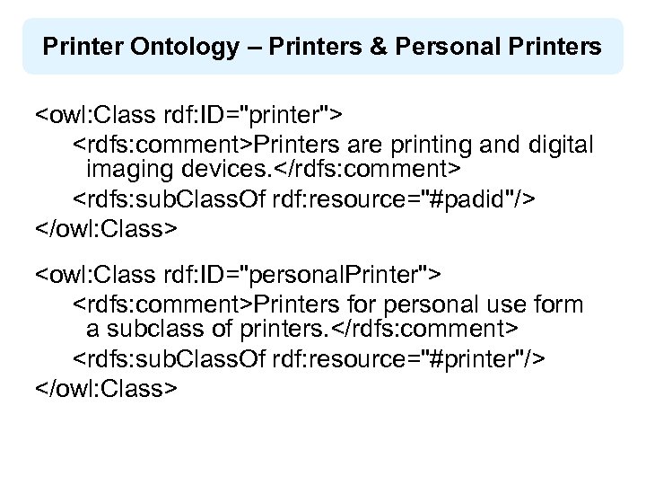 Printer Ontology – Printers & Personal Printers <owl: Class rdf: ID="printer"> <rdfs: comment>Printers are