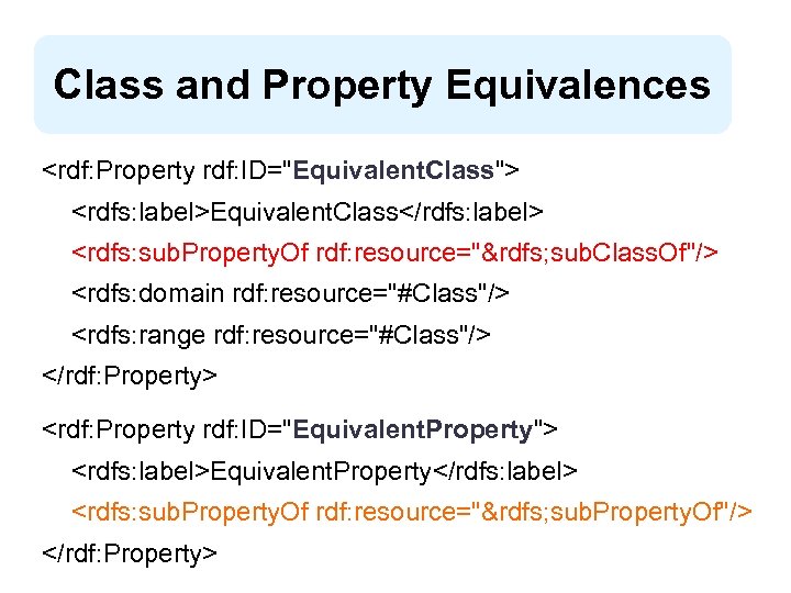 Class and Property Equivalences <rdf: Property rdf: ID="Equivalent. Class"> <rdfs: label>Equivalent. Class</rdfs: label> <rdfs: