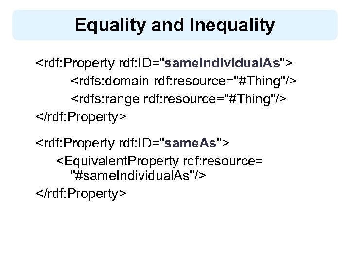 Equality and Inequality <rdf: Property rdf: ID="same. Individual. As"> <rdfs: domain rdf: resource="#Thing"/> <rdfs: