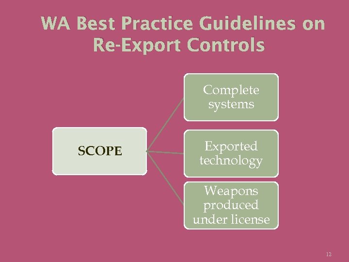 WA Best Practice Guidelines on Re-Export Controls Complete systems SCOPE Exported technology Weapons produced