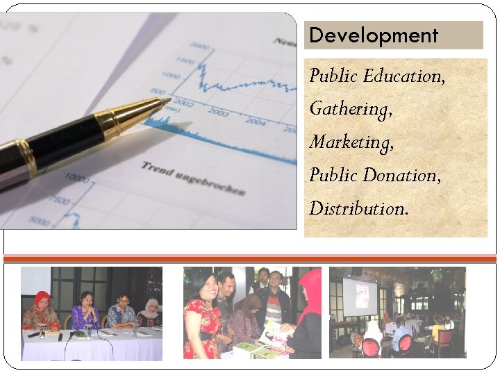 Development Public Education, Gathering, Marketing, Public Donation, Distribution. 