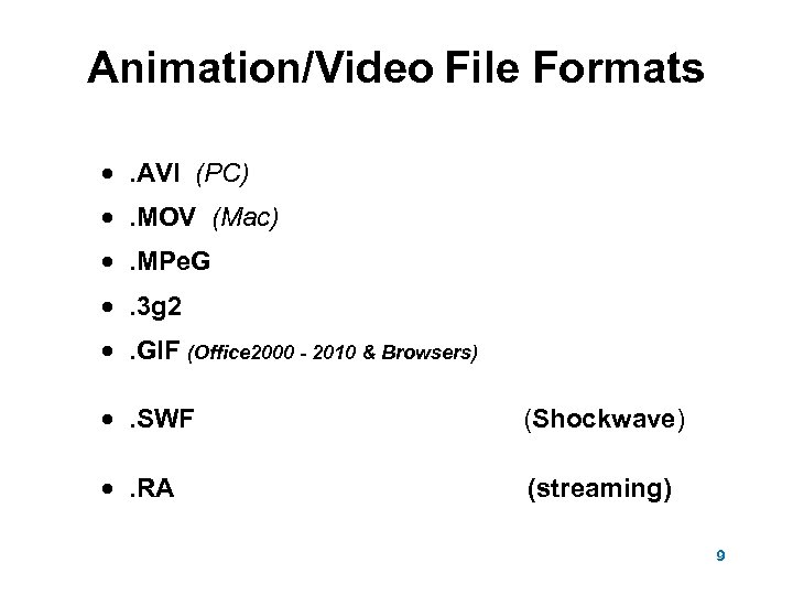 Animation/Video File Formats ·. AVI (PC) ·. MOV (Mac) ·. MPe. G ·. 3