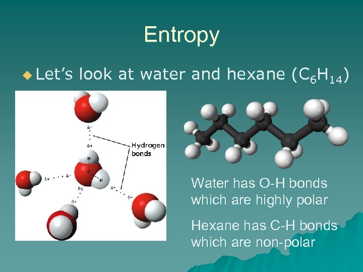 Entropy u Let’s look at water and hexane (C 6 H 14) Water has