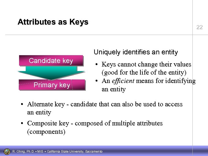 Attributes as Keys 22 Uniquely identifies an entity Candidate key Primary key • Keys