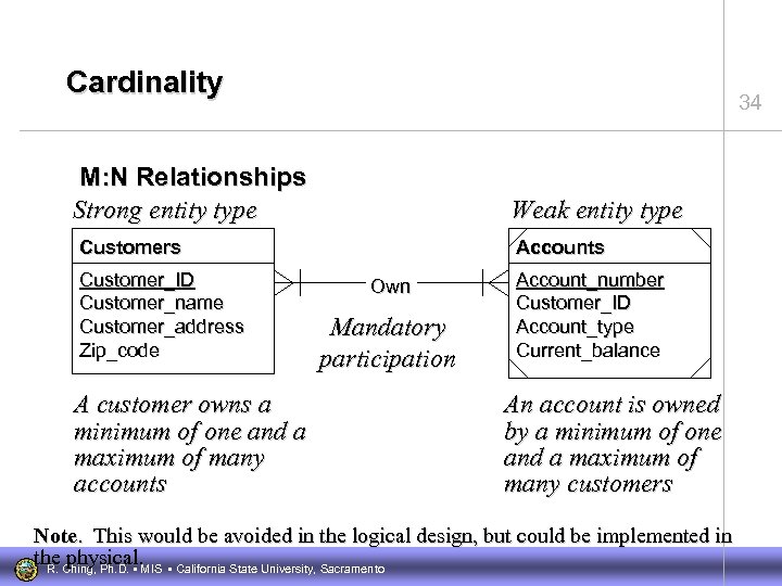 Cardinality 34 M: N Relationships Strong entity type Weak entity type Customers Customer_ID Customer_name