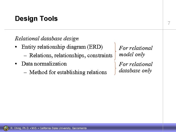 Design Tools Relational database design • Entity relationship diagram (ERD) – Relations, relationships, constraints