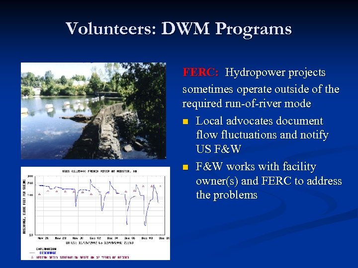 Volunteers: DWM Programs FERC: Hydropower projects sometimes operate outside of the required run-of-river mode