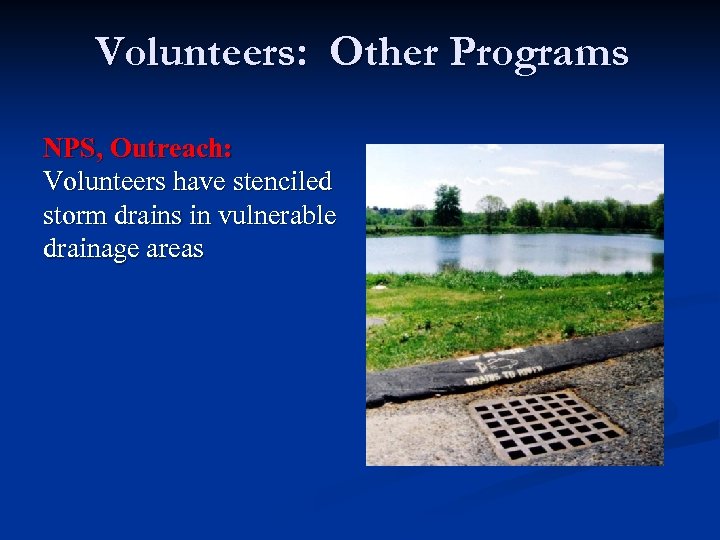 Volunteers: Other Programs NPS, Outreach: Volunteers have stenciled storm drains in vulnerable drainage areas