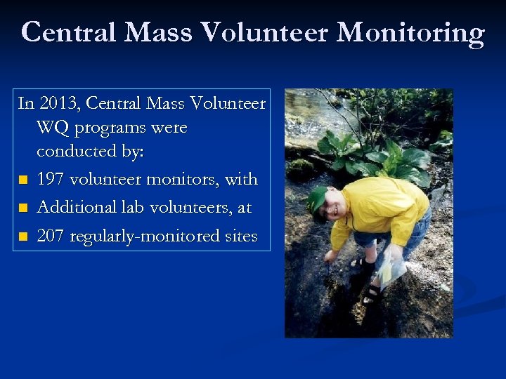 Central Mass Volunteer Monitoring In 2013, Central Mass Volunteer WQ programs were conducted by: