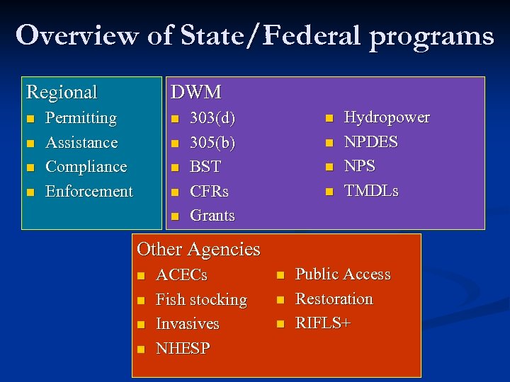 Overview of State/Federal programs Regional n n DWM Permitting Assistance Compliance Enforcement n n