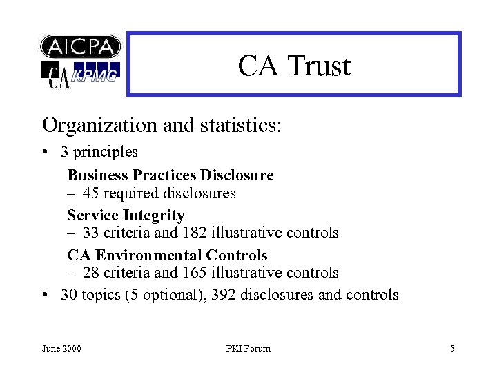 CA Trust Organization and statistics: • 3 principles Business Practices Disclosure – 45 required