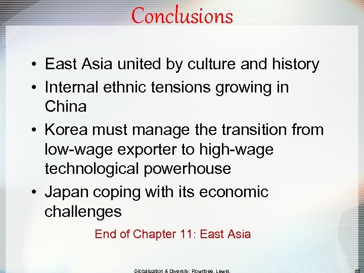 Conclusions • East Asia united by culture and history • Internal ethnic tensions growing