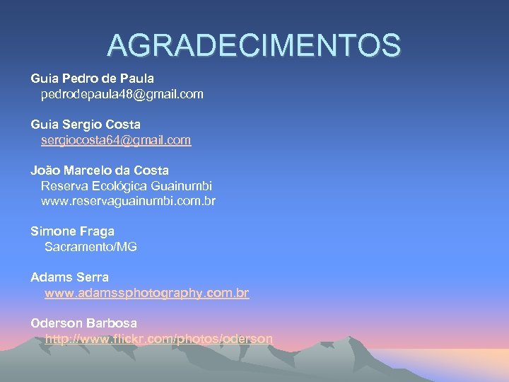 AGRADECIMENTOS Guia Pedro de Paula pedrodepaula 48@gmail. com Guia Sergio Costa sergiocosta 64@gmail. com