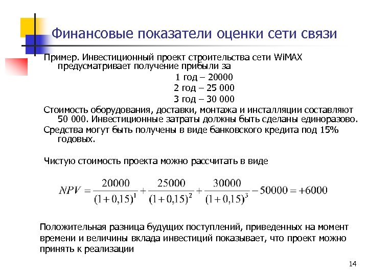 Финансовые показатели оценки сети связи Пример. Инвестиционный проект строительства сети Wi. MAX предусматривает получение