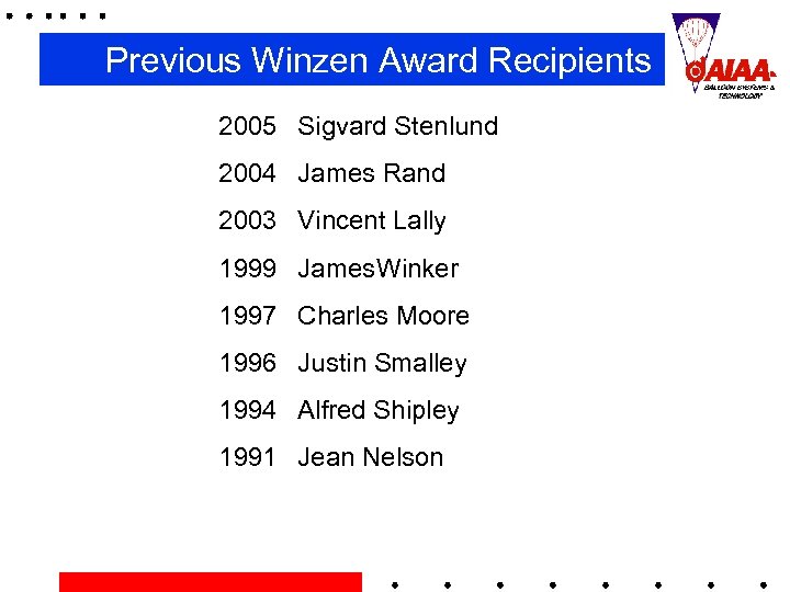 Previous Winzen Award Recipients 2005 Sigvard Stenlund 2004 James Rand 2003 Vincent Lally 1999