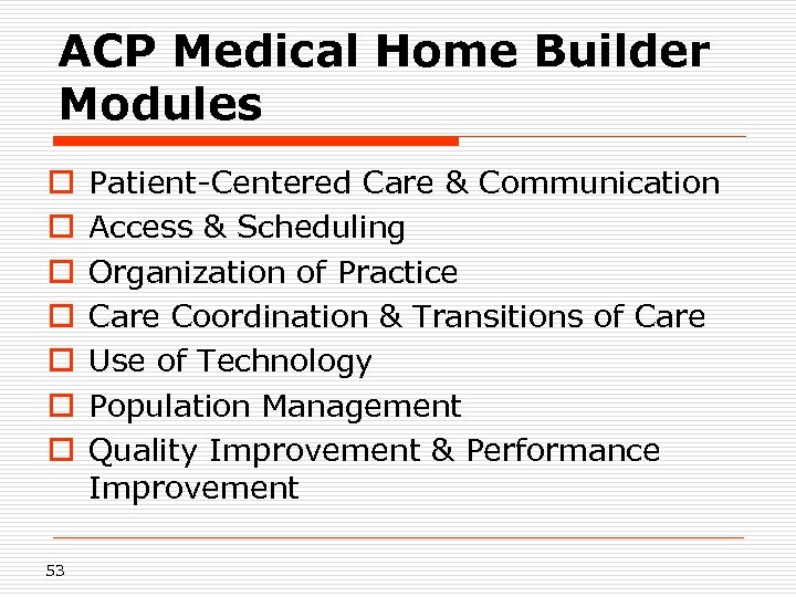 ACP Medical Home Builder Modules o o o o 53 Patient-Centered Care & Communication