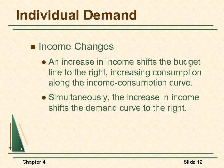 Individual Demand n Income Changes l An increase in income shifts the budget line