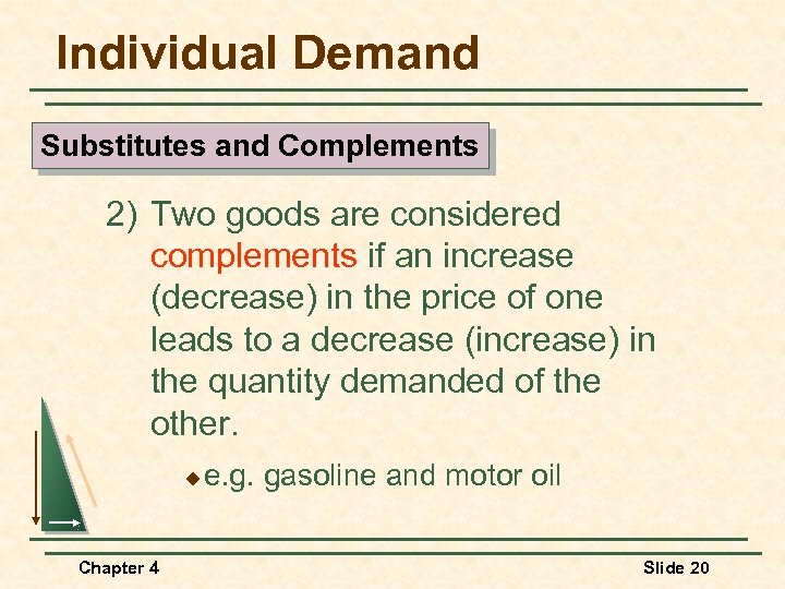 Individual Demand Substitutes and Complements 2) Two goods are considered complements if an increase