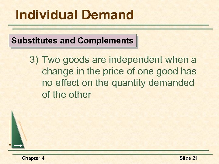 Individual Demand Substitutes and Complements 3) Two goods are independent when a change in