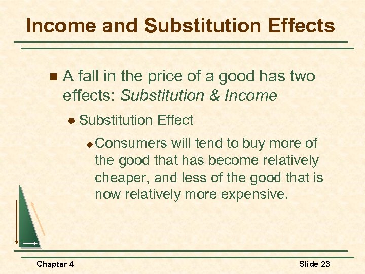 Income and Substitution Effects n A fall in the price of a good has