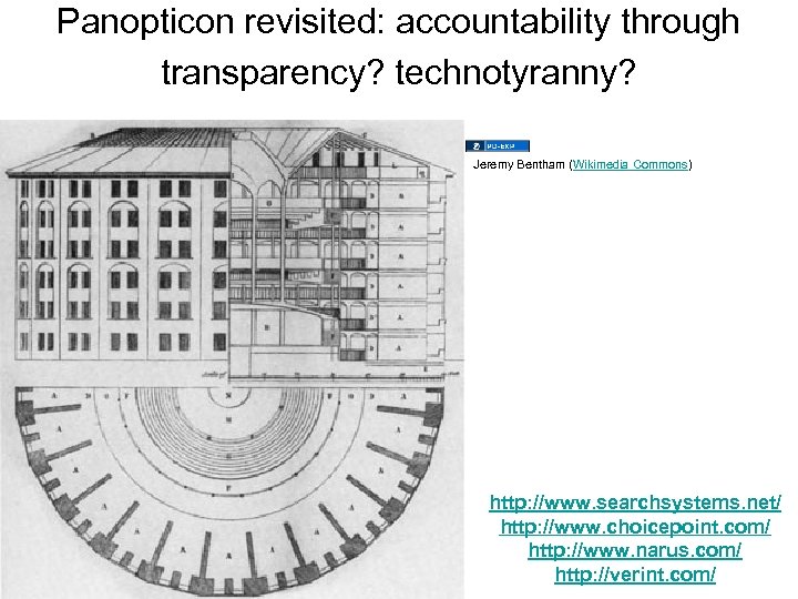 Panopticon revisited: accountability through transparency? technotyranny? Jeremy Bentham (Wikimedia Commons) http: //www. searchsystems. net/