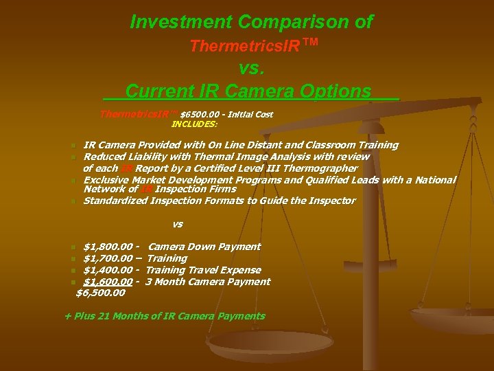 Investment Comparison of Thermetrics. IR™ vs. Current IR Camera Options Thermetrics. IR™ $6500. 00