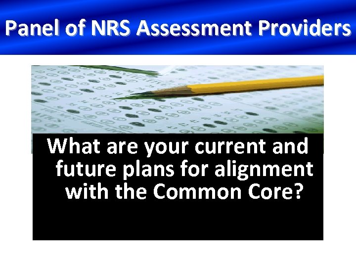 Panel of NRS Assessment Providers What are your current and future plans for alignment